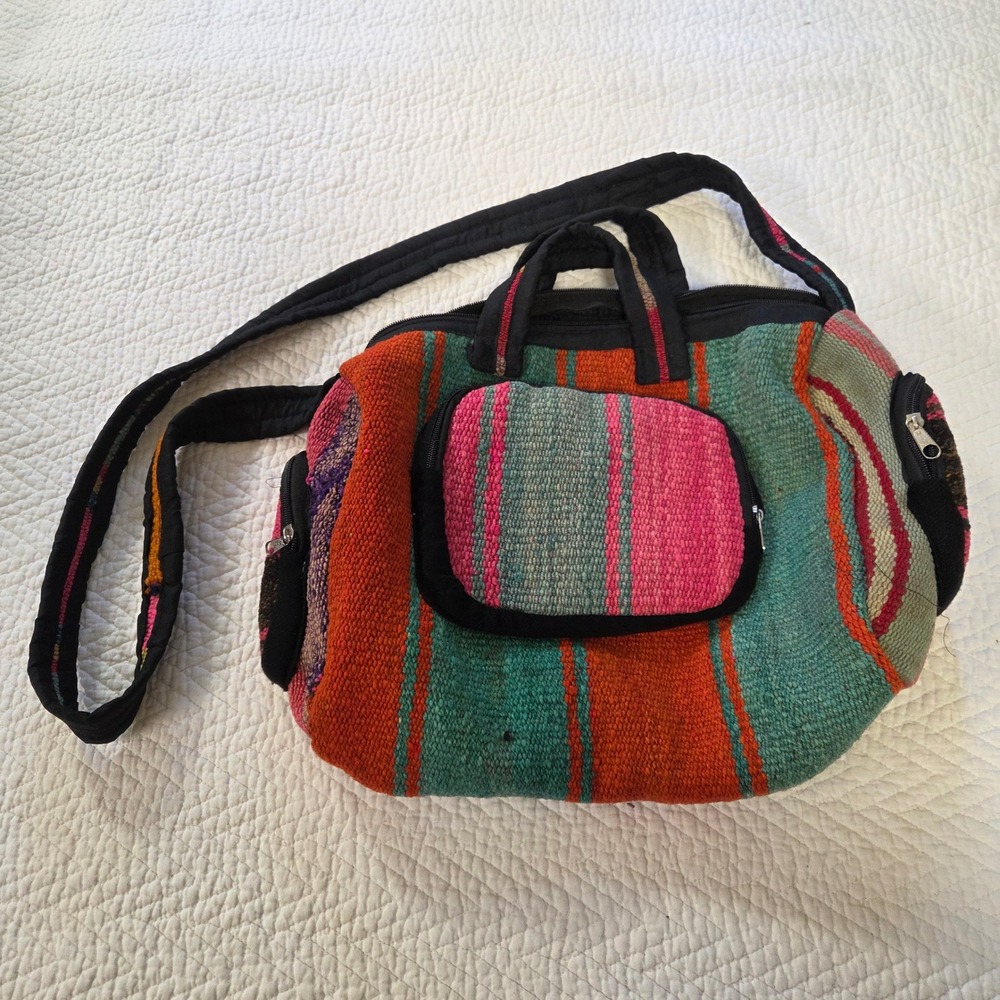 Boho Woven Striped Messenger Bag Multicolor Crossbody Shoulder Bag Hippie Zip